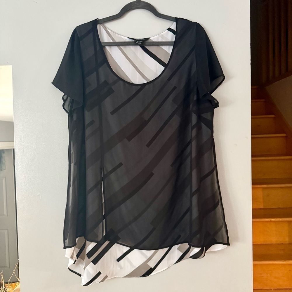 💥Mixed Media Plus Size Michel Studio Black Sheer Striped Blouse